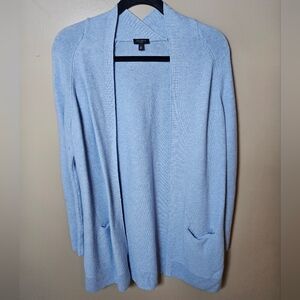 Talbots Blue Open Front Cotton Wool Blend Ribbed Long Cardigan Sweater SM Petite